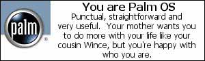 You are Palm OS. Punctual, straightforward and very useful.  Your mother wants you to do more with your life like your cousin Wince, but you're happy with who you are.