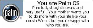 You are Palm OS. Punctual, straightforward and very useful. Your mother wants you to do more with your life like your cousin Wince, but you're happy with who you are.