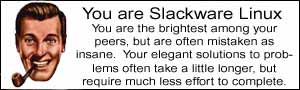 You are Slackware Linux. You are the brightest among your peers, but are often mistaken as insane. Your elegant solutions to problems often take a little longer, but require much less effort to complete.