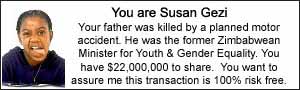 You are Susan Gezi.Your father was killed by a planned motor accident. He was the former Zimbabwean Minister for Youth
& Gender Equality. You have $22,000,000 to share.  You want to assure me this transaction is 100% risk free.