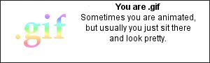 You are .gif Sometimes you are animated,but usually you just sit there and look pretty.