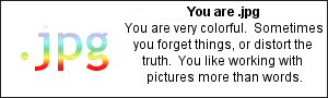 You are .jpg You are very colorful.  Sometimes you forget things, or distort the truth.  You like working with  pictures more than words.