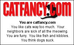 You are catfancy.com You like cats way too much.  Your neighbors are sick of all the meowing. You are furry.  You like fish and kibbles. You think dogs suck.
