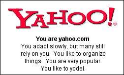 You are yahoo.com You adapt slowly, but many still rely on you. You like to organize things. You are very popular. You like to yodel.