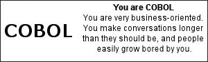 You are COBOL. You are very business-oriented.  You make conversations longer than they should be, and people easily grow bored by you.