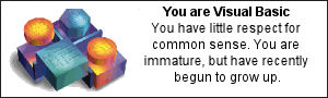 You are Visual Basic. You have little respect for common sense.  You are immature, but have recently begun to grow up.  Which Programming Language are You?