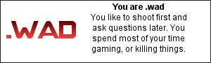 You are .wad You like to shoot first and ask questions later. You spend most of your time gaming, or killing things.